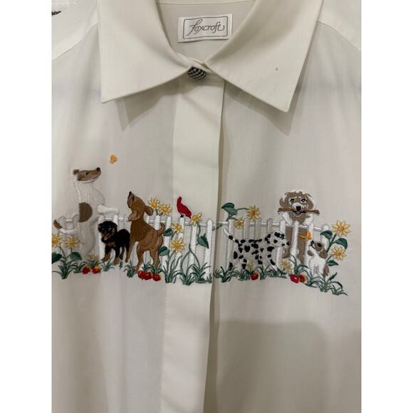 FoxCroft dog embroidered grandma core short sleeve button up blouse womens 14 L - Picture 2 of 5